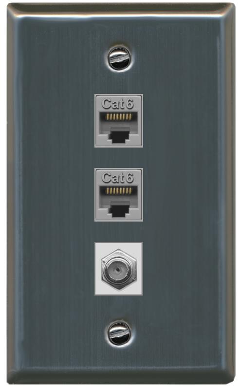 RiteAV 2 Port Cat6 1 Coax Flat/Solid Wall Plate - Flat [Stainless Steel]