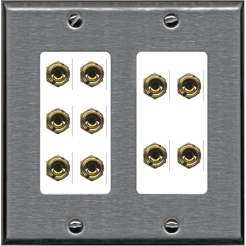 RiteAV 10 Banana 5 Speaker Surround 2 Gang Coupler Decorative Wall Plate - 2 Gang [Stainless/White]