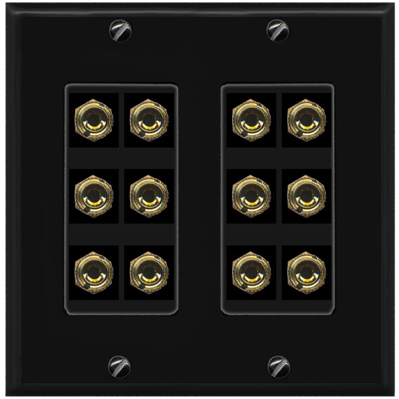 RiteAV 12 Banana 6 Speaker Surround Female Coupler Decorative Wall Plate - 2 Gang [Black/Black]