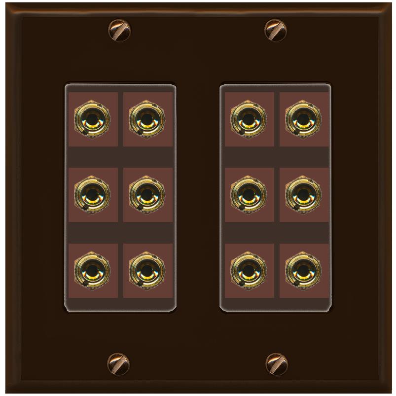 RiteAV 12 Banana 6 Speaker Surround Female Coupler Decorative Wall Plate - 2 Gang [Brown/Brown]