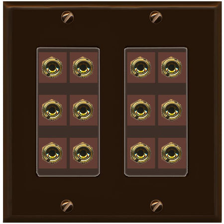 RiteAV 12 Banana 6 Speaker Surround Female Coupler Decorative Wall Plate - 2 Gang [Brown/Brown]