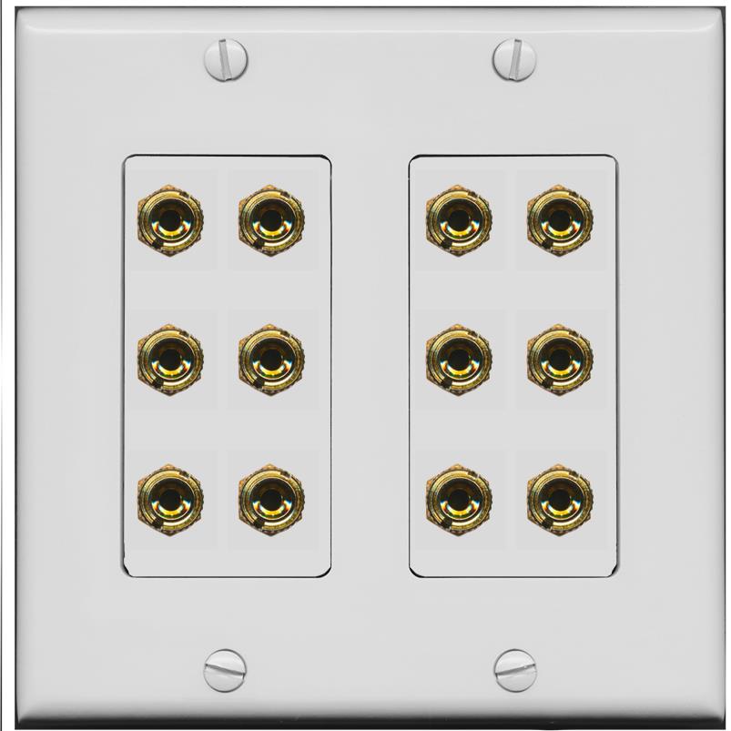 RiteAV 12 Banana 6 Speaker Surround Female Coupler Decorative Wall Plate - 2 Gang [Gray/Gray]