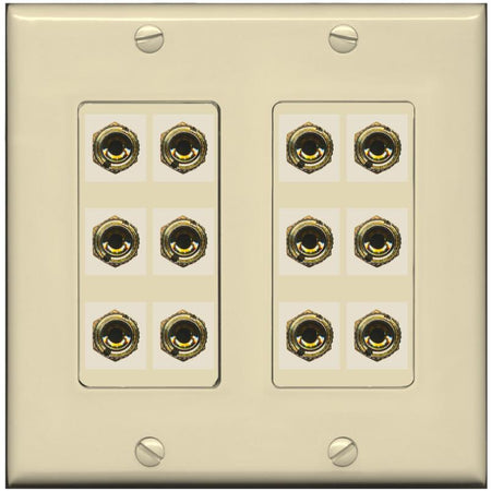 RiteAV 12 Banana 6 Speaker Surround Female Coupler Decorative Wall Plate - 2 Gang [Ivory/Ivory]