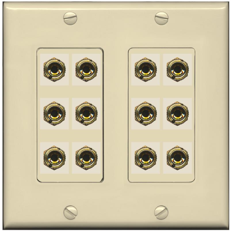 RiteAV 12 Banana 6 Speaker Surround Female Coupler Decorative Wall Plate - 2 Gang [Ivory/Ivory]