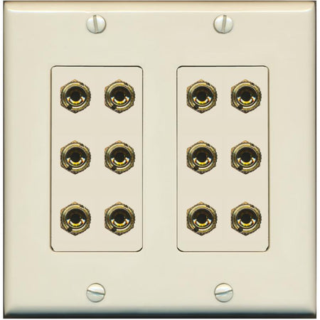 RiteAV 12 Banana 6 Speaker Surround Female Coupler Decorative Wall Plate - 2 Gang [Light-Almond]