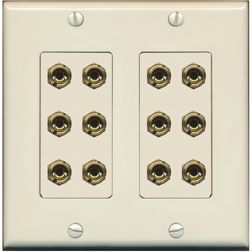 RiteAV 12 Banana 6 Speaker Surround Female Coupler Decorative Wall Plate - 2 Gang [Light-Almond]