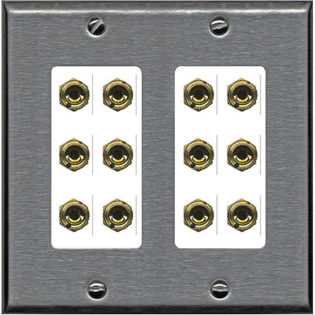 RiteAV 12 Banana 6 Speaker Surround Female Coupler Decorative Wall Plate - 2 Gang [Stainless/White]