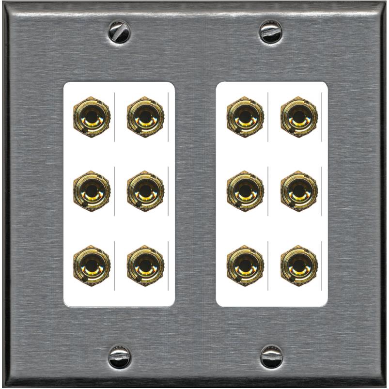 RiteAV 12 Banana 6 Speaker Surround Female Coupler Decorative Wall Plate - 2 Gang [Stainless/White]