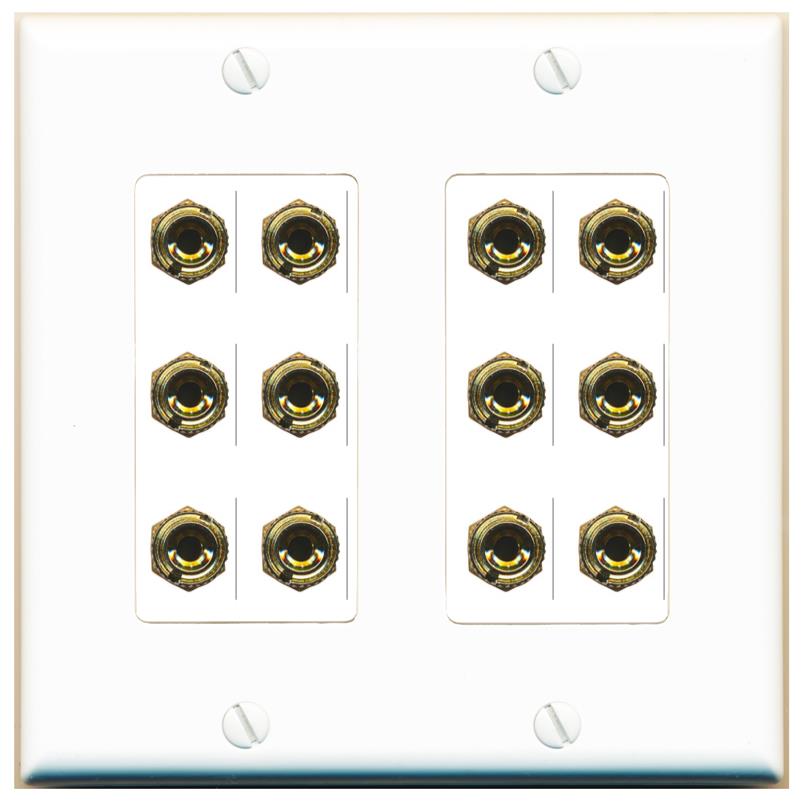 RiteAV 12 Banana 6 Speaker Surround Female Coupler Decorative Wall Plate - 2 Gang [White]