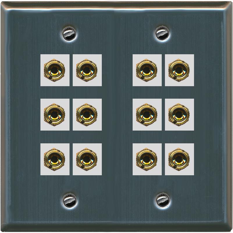RiteAV 12 Banana 6 Speaker Surround  2 Gang Coupler Wall Plate 2 Gang Stainless