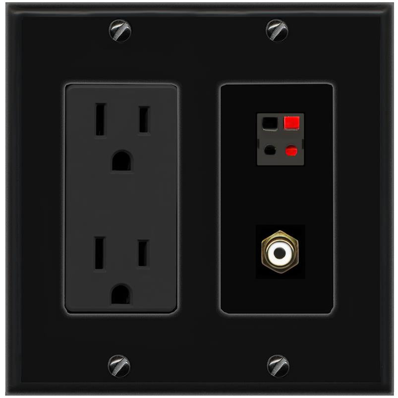RiteAV 1 Port Speaker Plug Jack Wall Plate with RCA for Subwoofer - Outlet [Black/Black]