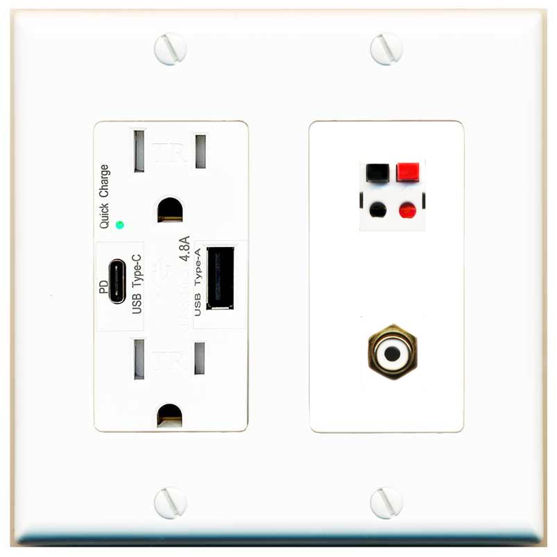 RiteAV 1 Port Speaker Plug Jack Wall Plate with RCA for Subwoofer - USB AC Charger [White]