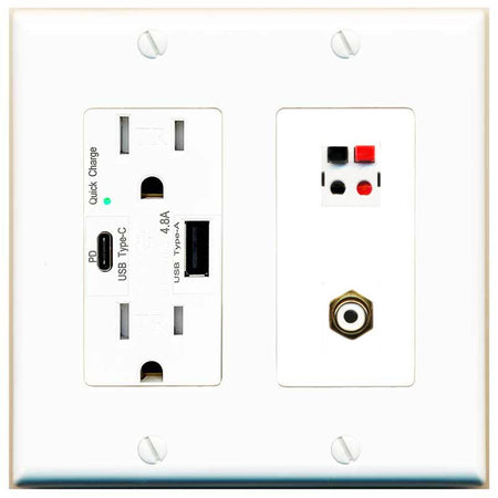 RiteAV 1 Port Speaker Plug Jack Wall Plate with RCA for Subwoofer - USB AC Charger [White]