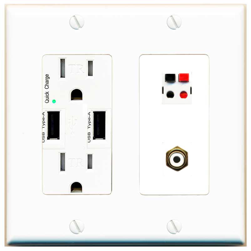 RiteAV 1 Port Speaker Plug Jack Wall Plate with RCA for Subwoofer - USB Charger [White]
