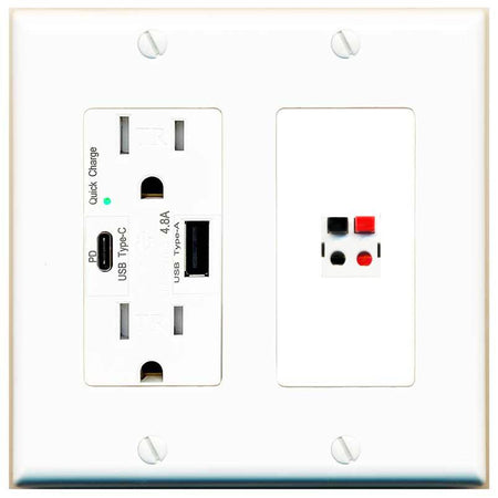 RiteAV 1 Port Speaker Wire Plug Jack Wall Plate - USB AC Charger [White]
