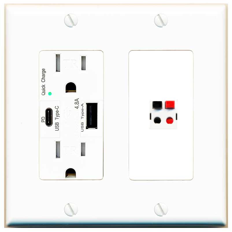 RiteAV 1 Port Speaker Wire Plug Jack Wall Plate - USB AC Charger [White]