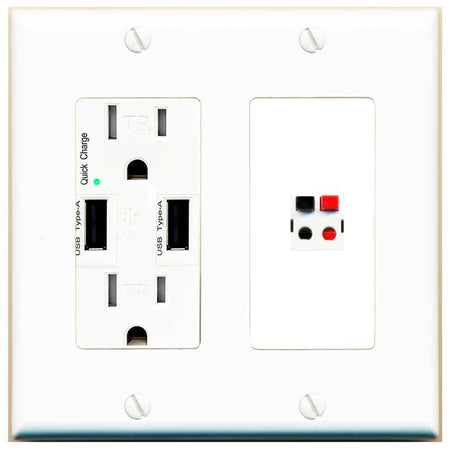 RiteAV 1 Port Speaker Wire Plug Jack Wall Plate - USB Charger [White]