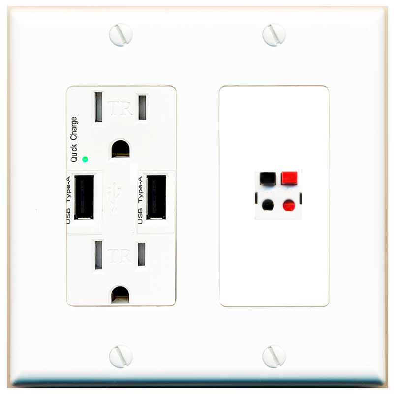 RiteAV 1 Port Speaker Wire Plug Jack Wall Plate - USB Charger [White]