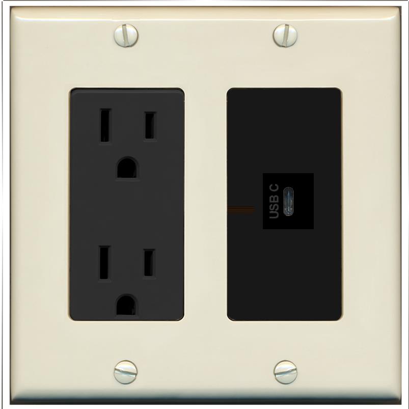 RiteAV USBC Wall Plate - Outlet [Light-Almond/Black]