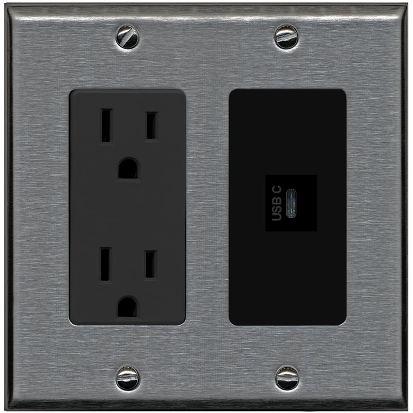 RiteAV USBC Wall Plate - Outlet [Stainless/Black]