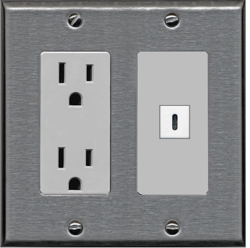 RiteAV USBC Wall Plate - Outlet [Stainless/Gray]