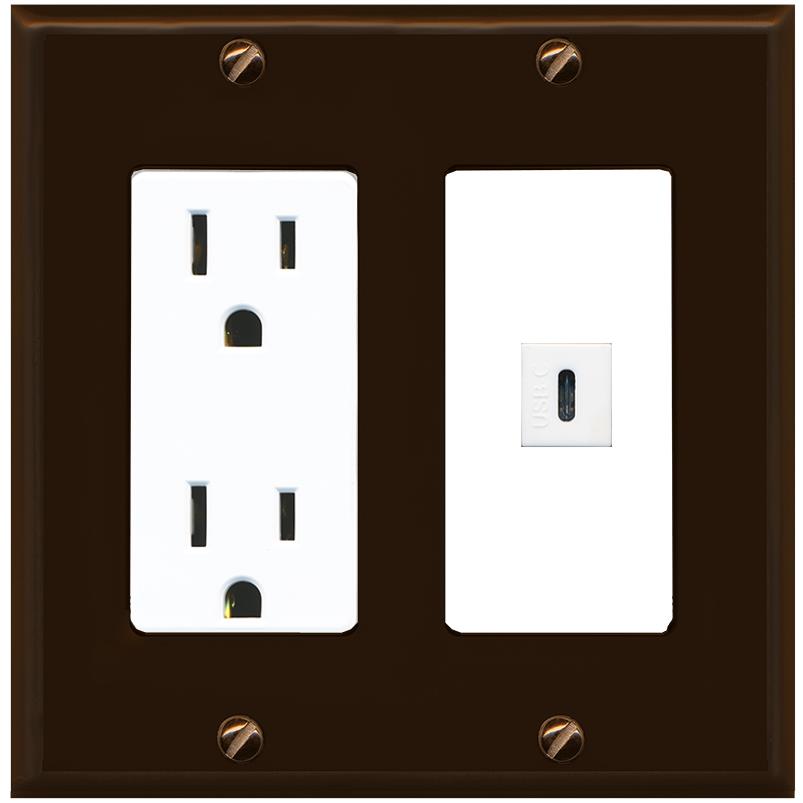 RiteAV USBC Wall Plate - Outlet [Brown/White]