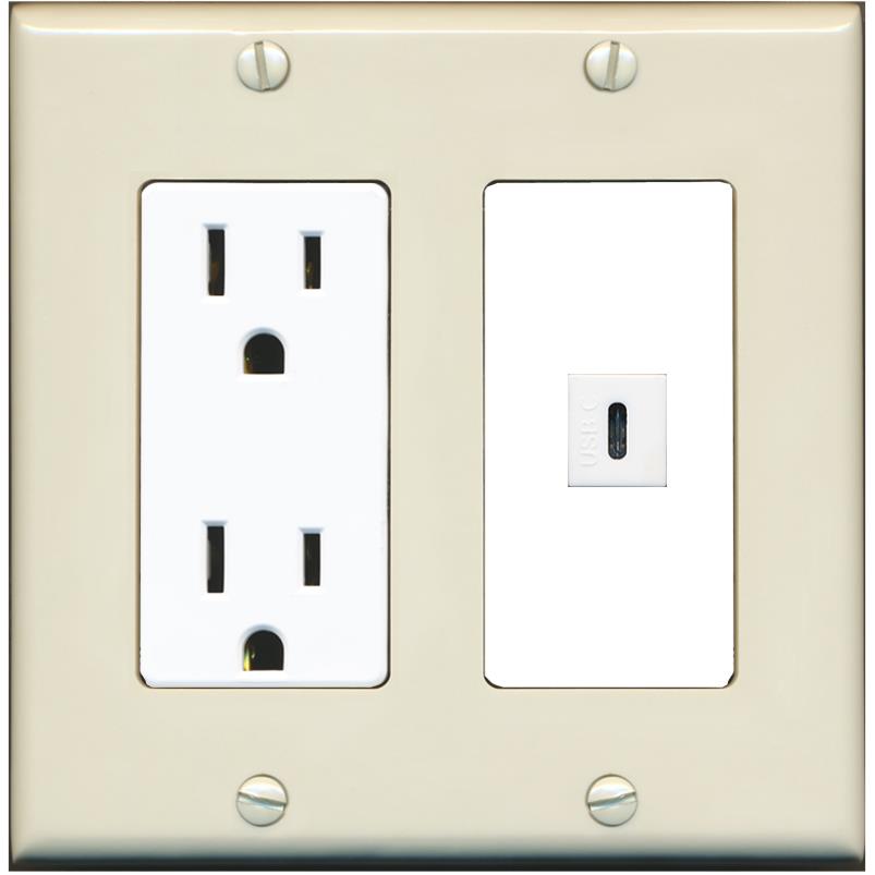 RiteAV USBC Wall Plate - Outlet [Light-Almond/White]