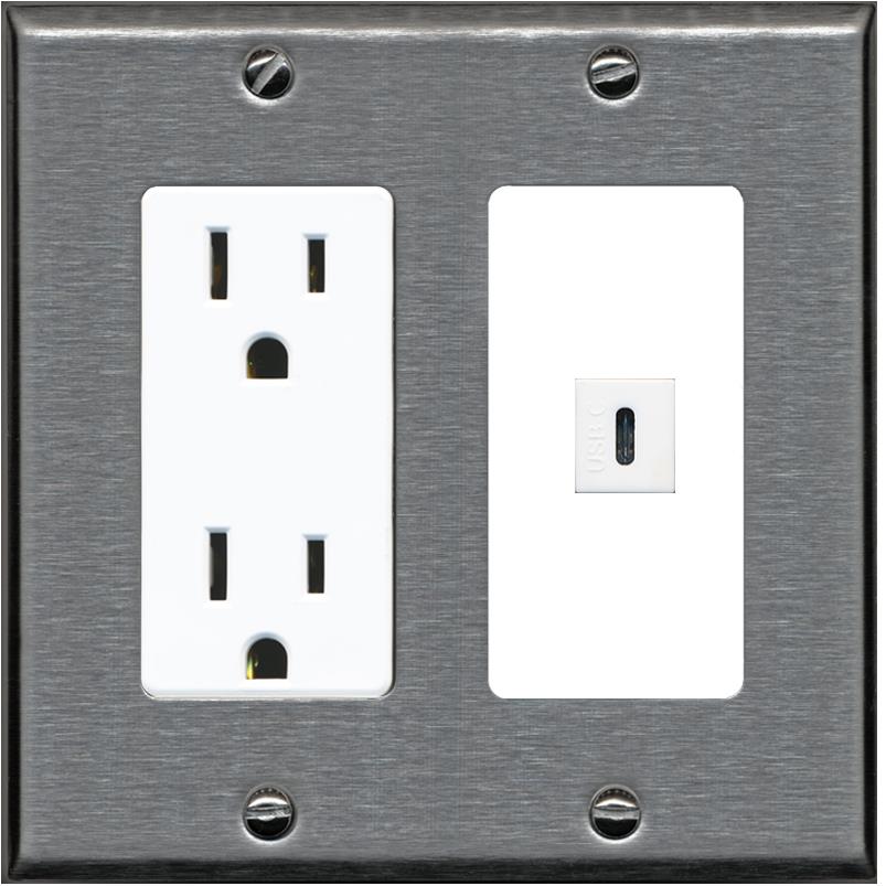 RiteAV USBC Wall Plate - Outlet [Stainless/White]