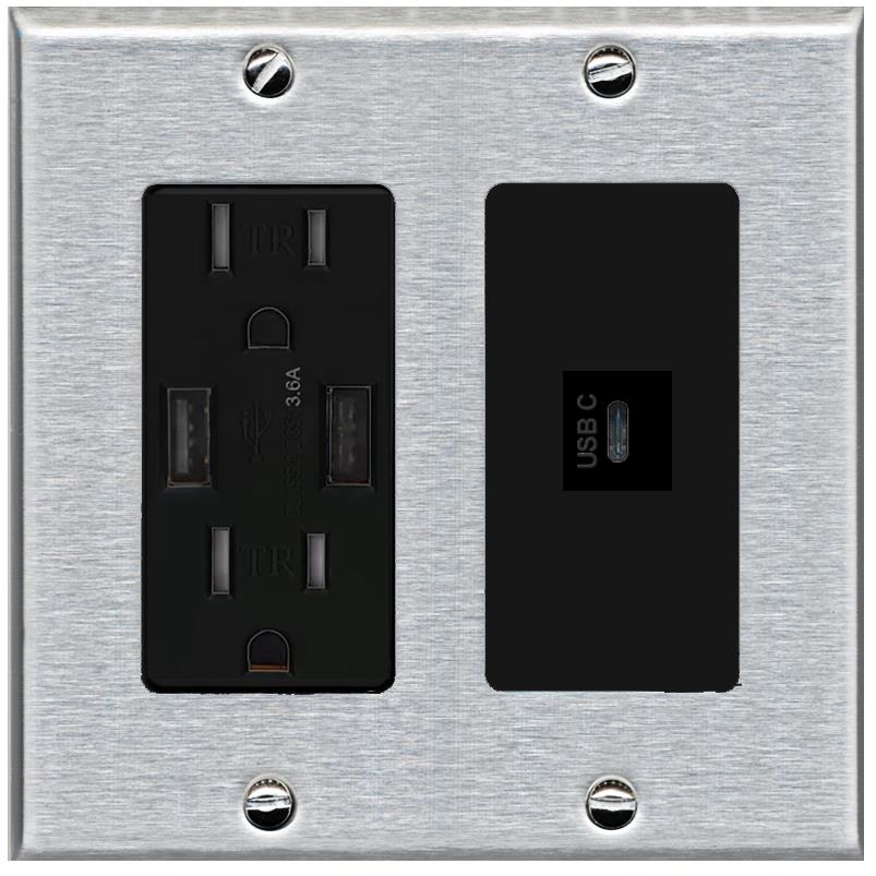 RiteAV USBC Wall Plate - USB Charger [Stainless/Black]