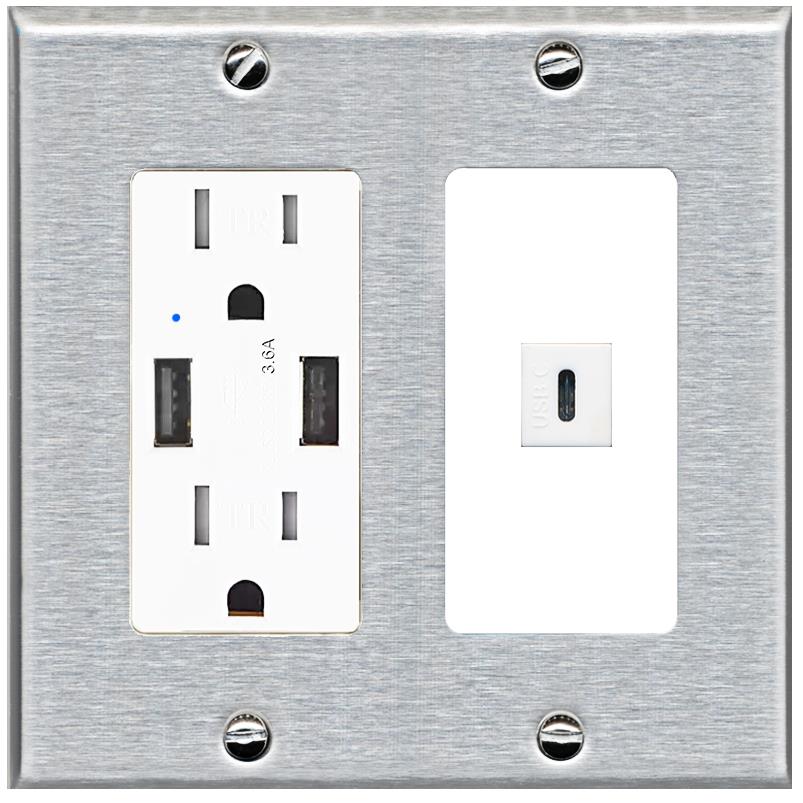 RiteAV USBC Wall Plate - USB Charger [Stainless/White]