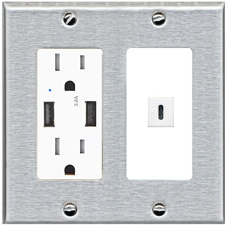 RiteAV USBC Wall Plate - USB Charger [Stainless/White]