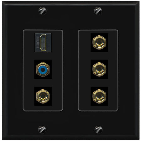 RiteAV 2 Speaker 4 Banana Binding Post Wall Plate with 1 HDMI AND RCA Jack - 2 Gang [Black/Black]