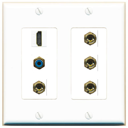 RiteAV 2 Speaker 4 Banana Binding Post Wall Plate with 1 HDMI AND RCA Jack - 2 Gang [White]