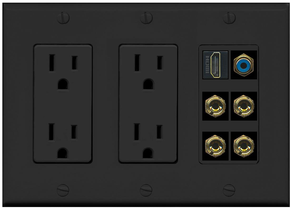 RiteAV 2 Speaker 4 Banana Binding Post Wall Plate with 1 HDMI AND RCA Jack - 2 Outlet [Black/Black]