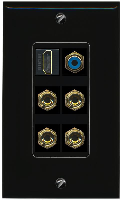 RiteAV 2 Speaker 4 Banana Binding Post Wall Plate with 1 HDMI AND RCA Jack - 1 Gang [Black/Black]