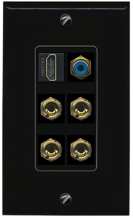 RiteAV 2 Speaker 4 Banana Binding Post Wall Plate with 1 HDMI AND RCA Jack - 1 Gang [Black/Black]