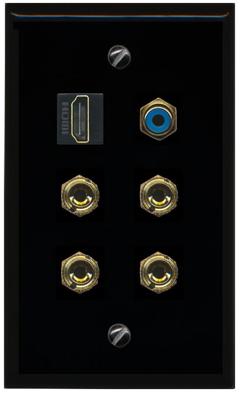 RiteAV 2 Speaker 4 Banana Binding Post Wall Plate with 1 HDMI AND RCA Jack - Flat [Black/Black]