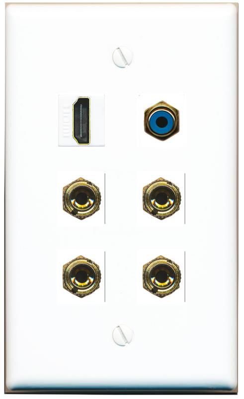 RiteAV 2 Speaker 4 Banana Binding Post Wall Plate with 1 HDMI AND RCA Jack - Flat [White]