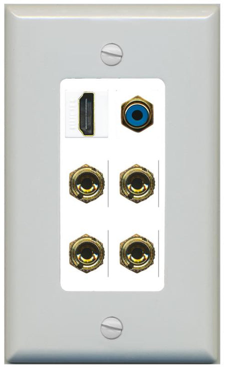 RiteAV 2 Speaker 4 Banana Binding Post Wall Plate with 1 HDMI AND RCA Jack - 1 Gang [Gray/White]