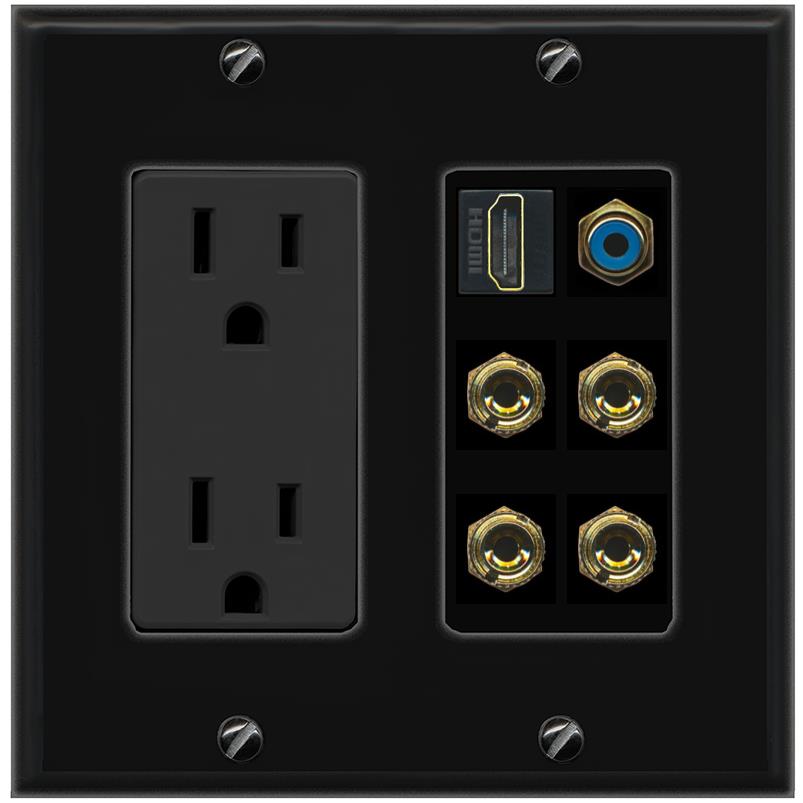 RiteAV 2 Speaker 4 Banana Binding Post Wall Plate with 1 HDMI AND RCA Jack - Outlet [Black/Black]