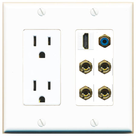 RiteAV 2 Speaker 4 Banana Binding Post Wall Plate with 1 HDMI AND RCA Jack - Outlet [White]
