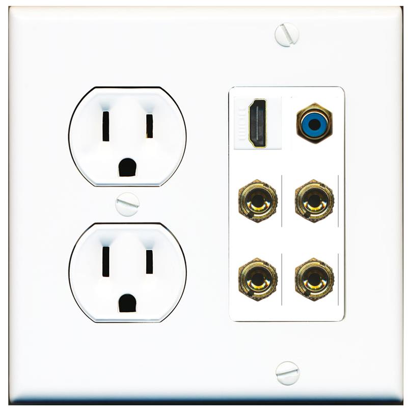RiteAV 2 Speaker 4 Banana Binding Post Wall Plate with 1 HDMI AND RCA Jack - Round Outlet [White]