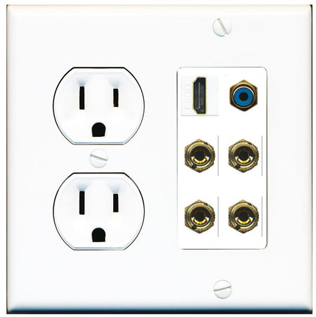 RiteAV 2 Speaker 4 Banana Binding Post Wall Plate with 1 HDMI AND RCA Jack - Round Outlet [White]