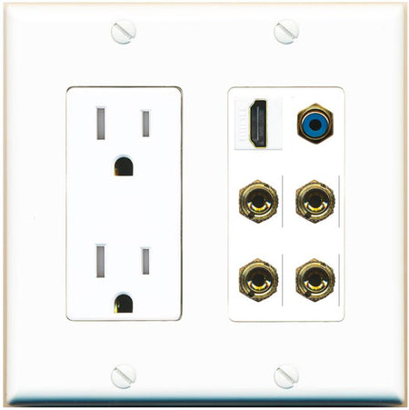RiteAV 2 Speaker 4 Banana Binding Post Wall Plate with 1 HDMI AND RCA Jack - Tamper-Res [White]