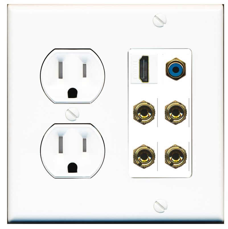 RiteAV 2 Speaker 4 Banana Binding Post Wall Plate with 1 HDMI AND RCA Jack - Tamper Proof [White]