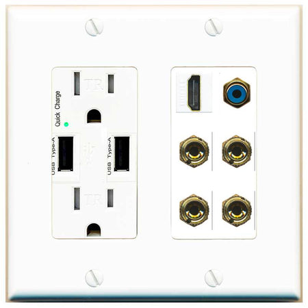 RiteAV 2 Speaker 4 Banana Binding Post Wall Plate with 1 HDMI AND RCA Jack - USB Charger [White]