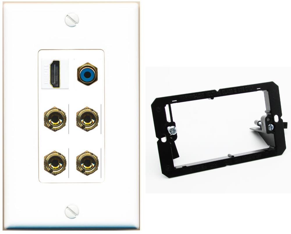 RiteAV 2 Speaker 4 Banana Binding Post Wall Plate with 1 HDMI AND RCA Jack - Bracket [White]