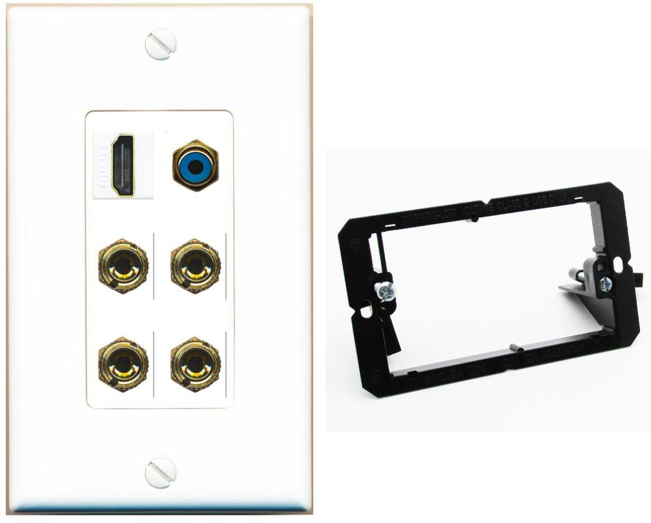 RiteAV 2 Speaker 4 Banana Binding Post Wall Plate with 1 HDMI AND RCA Jack - Bracket [White]