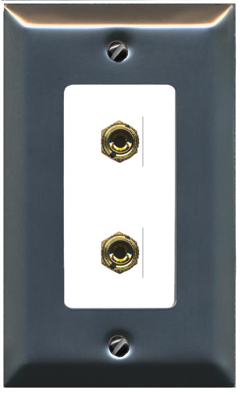 RiteAV 2 Port Banana Keystone Jack Plug (1 Speaker) Binding Post Coupler Wall Plate - 1 Gang [Stainless/White]