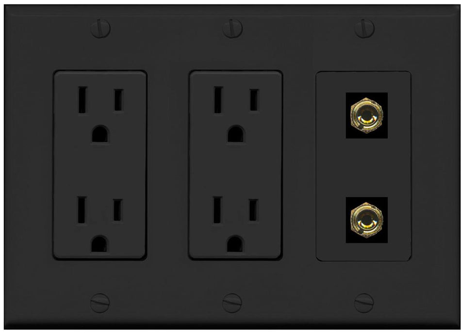RiteAV 2 Banana 1 Speaker Surround Female Coupler Binding Post Wall Plate - 2 Outlet [Black/Black]